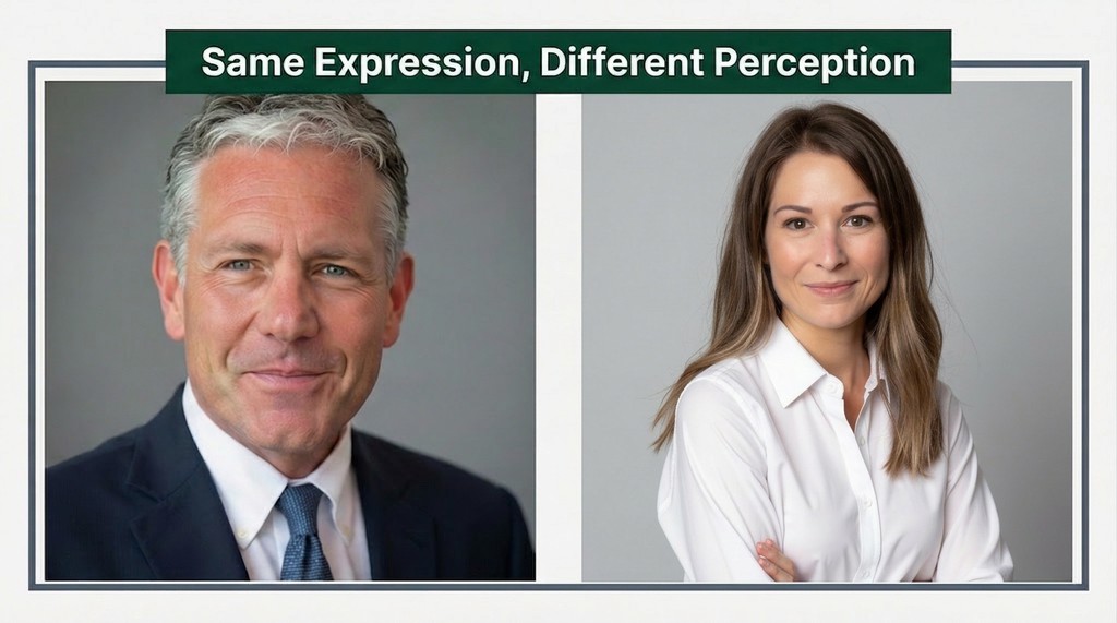 Side-by-side professional headshots of a man and woman with identical neutral, confident expressions, showing how the same facial expression can be perceived differently based on gender stereotypes