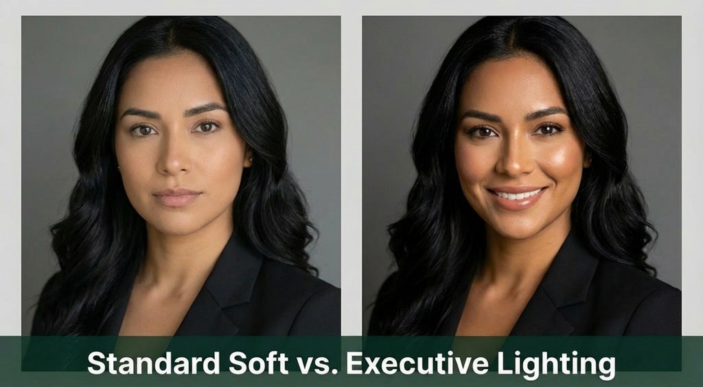 Side-by-side comparison of the same professional woman: left image with flat soft lighting, right image with defined rim lighting that enhances jawline and executive presence
