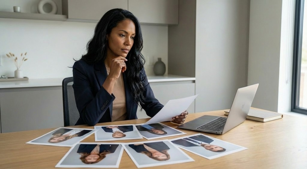 Professional woman in business casual attire thoughtfully reviewing multiple printed headshots spread across a modern desk