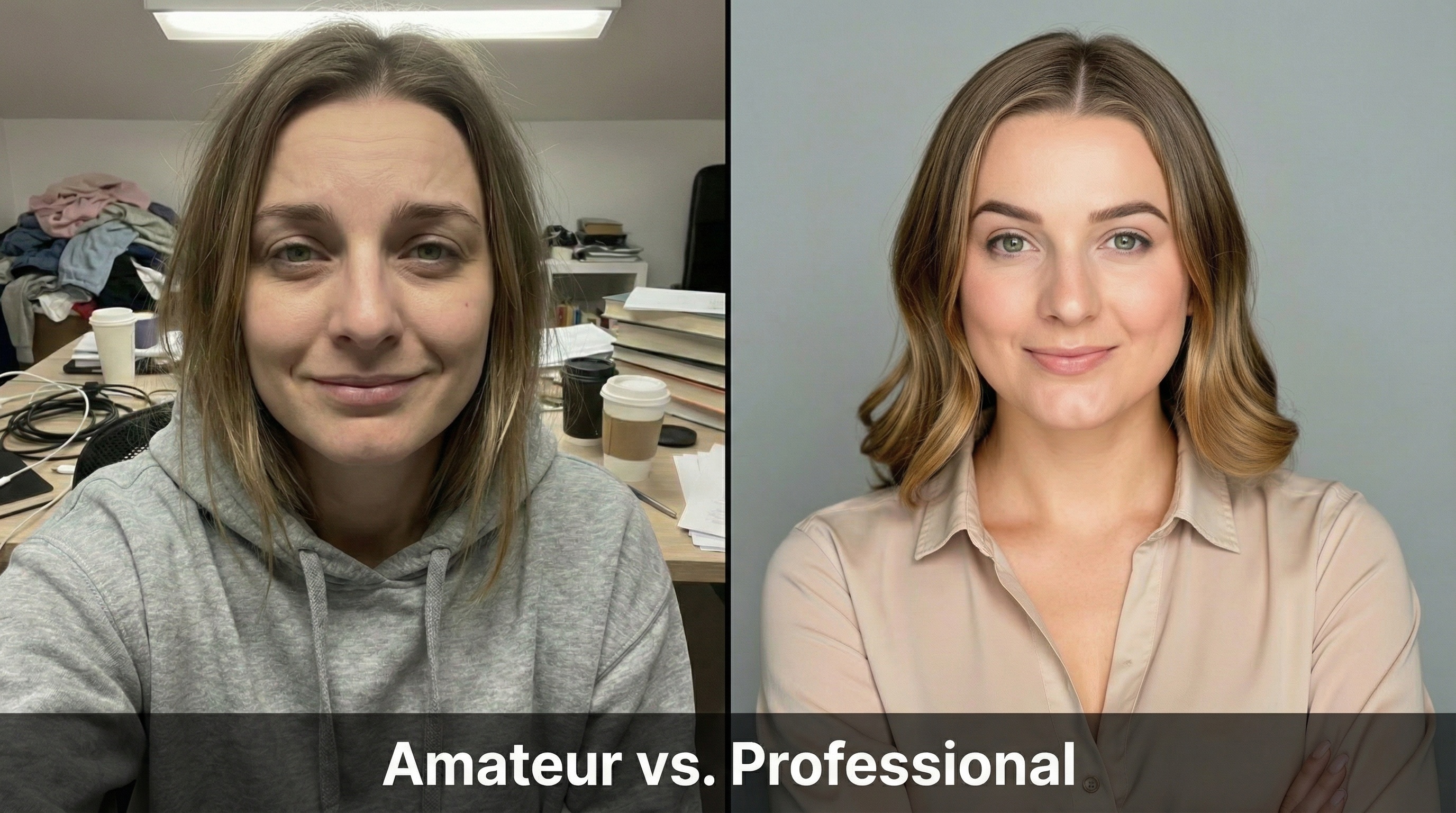 Side-by-side comparison showing amateur headshot with poor lighting and cluttered background next to professionally lit headshot with clean background