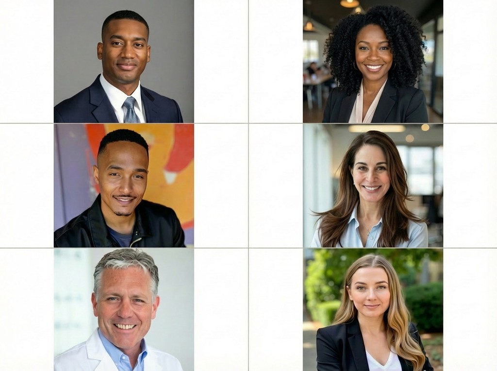 Grid showing six professional headshot examples: corporate formal, business casual, creative professional, tech startup, healthcare, and outdoor styles with diverse subjects