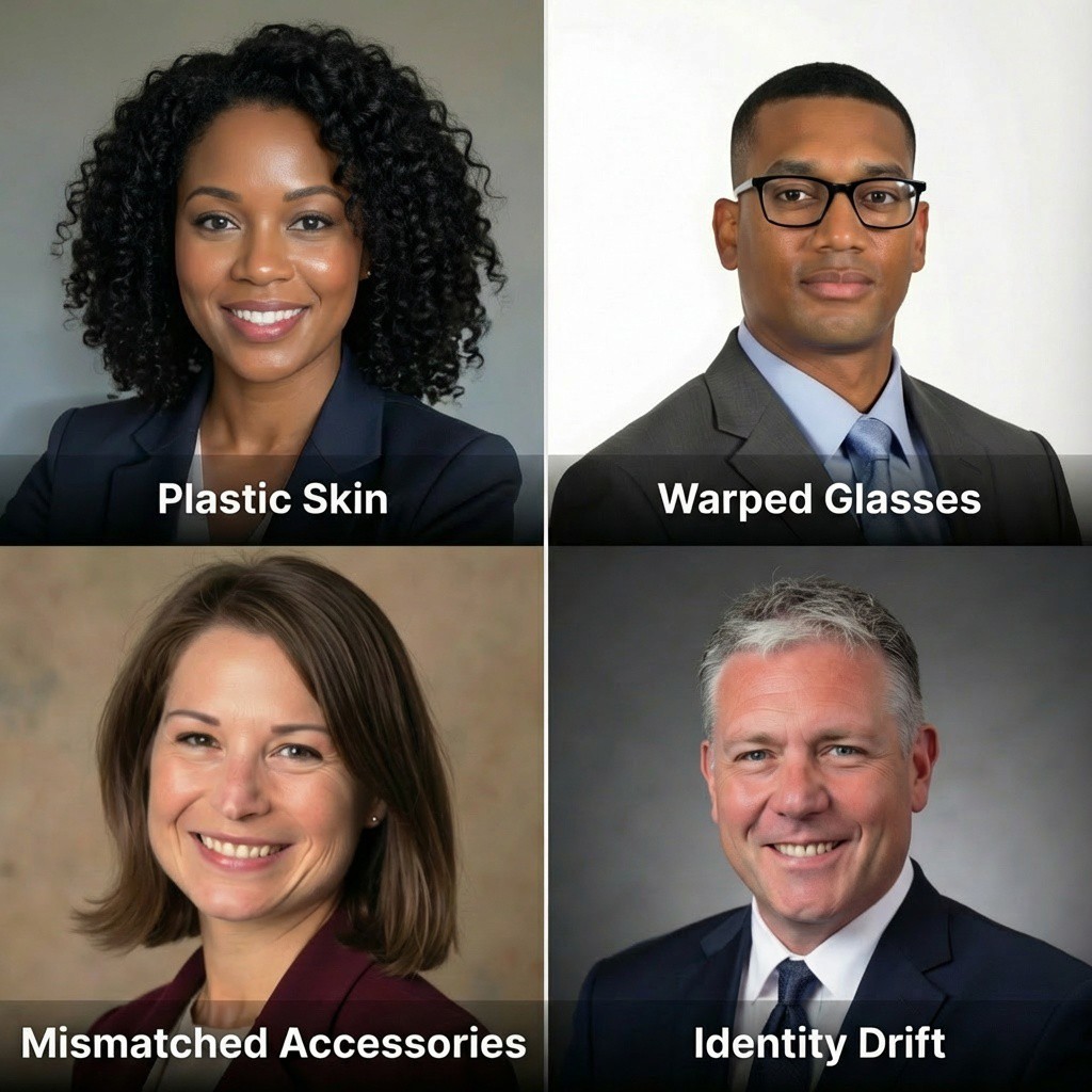 2x2 grid of headshot examples showing AI-generated problems: overly smooth plastic-looking skin, glasses with distorted frames and unnatural glare, mismatched earrings, and an over-idealized face that lacks authentic features