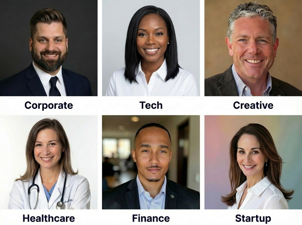 Grid of six professional headshot examples showing different industry-appropriate styles from corporate to creative