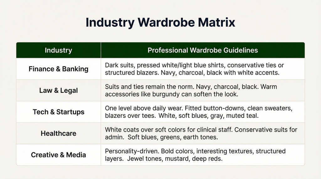 Professional wardrobe matrix showing dress code expectations and recommended colors for five industries: Finance & Banking, Law & Legal, Tech & Startups, Healthcare, and Creative & Media