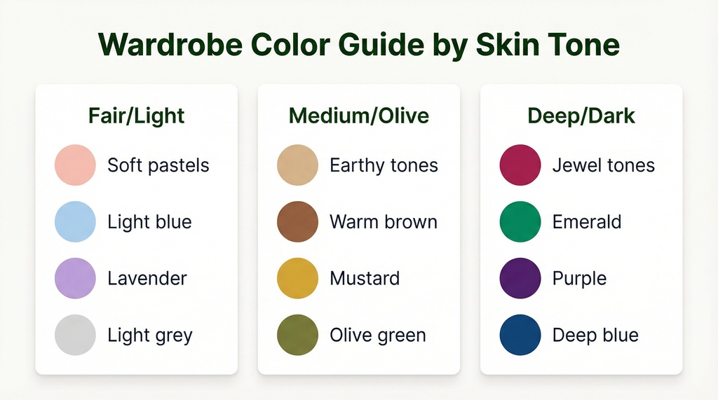 Three-column chart showing recommended wardrobe colors for Fair/Light, Medium/Olive, and Deep/Dark skin tones, with color swatches for each recommendation