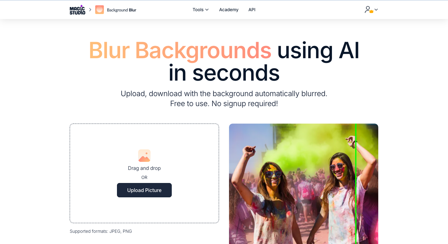 Background blur tool showing an option to "Upload picture" with JPEG and PNG options
